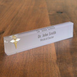 Medical Elegant Gold Caduceus White Wings Desk Name Plate