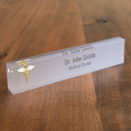 Medical Elegant Gold Caduceus White Wings Desk Name Plate