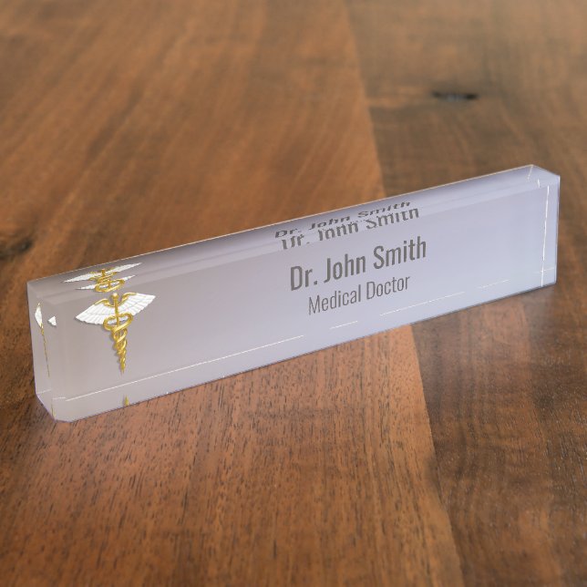 Medical Elegant Gold Caduceus White Wings Desk Name Plate (Side)