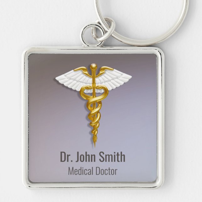 Medical Elegant Gold Caduceus White Wings Keychain (Front)