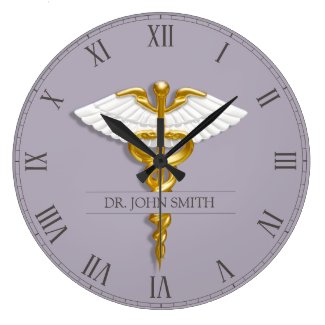 Medical Elegant Gold Caduceus White Wings Large Clock