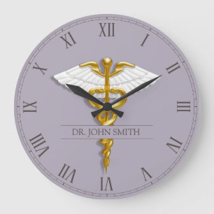 Medical Elegant Gold Caduceus White Wings Large Clock