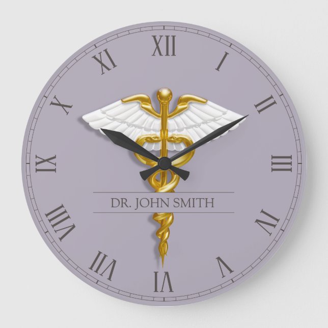 Medical Elegant Gold Caduceus White Wings Large Clock (Front)