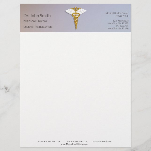 Medical Elegant Gold Caduceus White Wings Letterhead (Front)