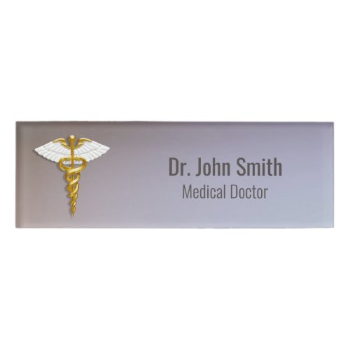 Medical Elegant Gold Caduceus White Wings Name Tag