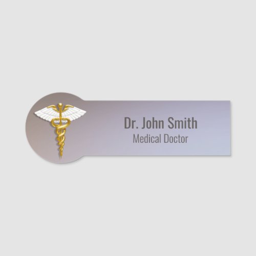 Medical Elegant Gold Caduceus White Wings Name Tag