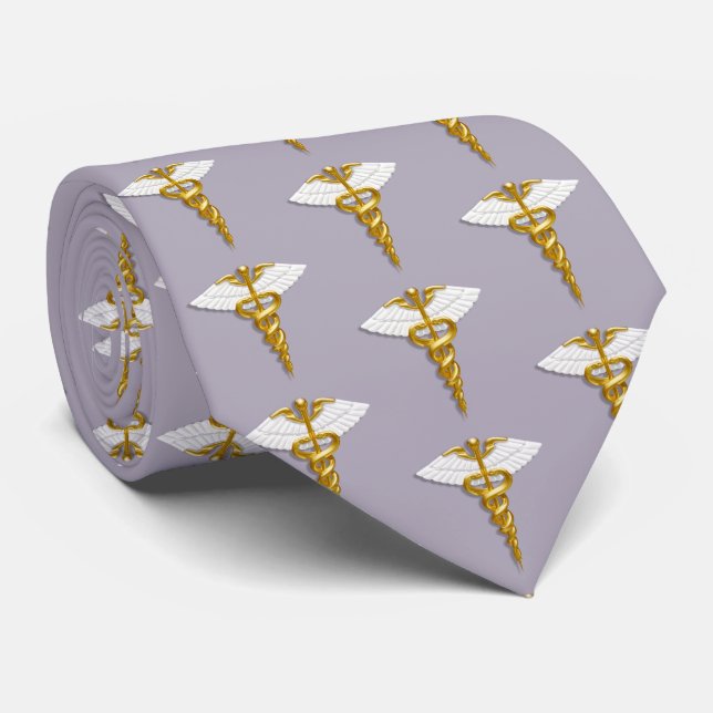 Medical Elegant Gold Caduceus White Wings Pattern Neck Tie (Rolled)