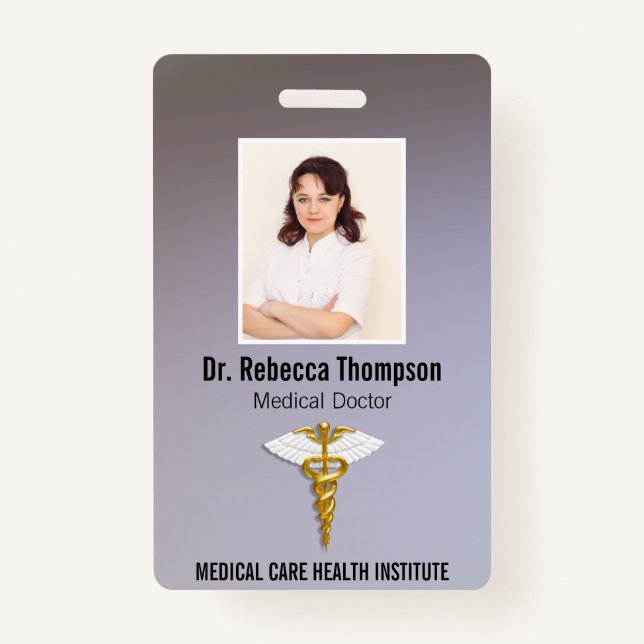 Medical Elegant Gold Caduceus White Wings Photo ID Badge (Front)