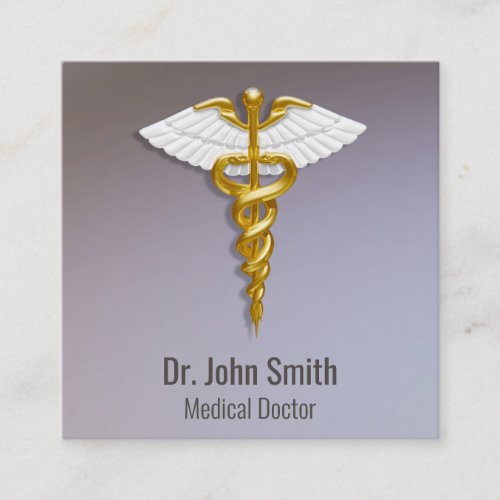 Medical Elegant Gold Caduceus White Wings Square Business Card