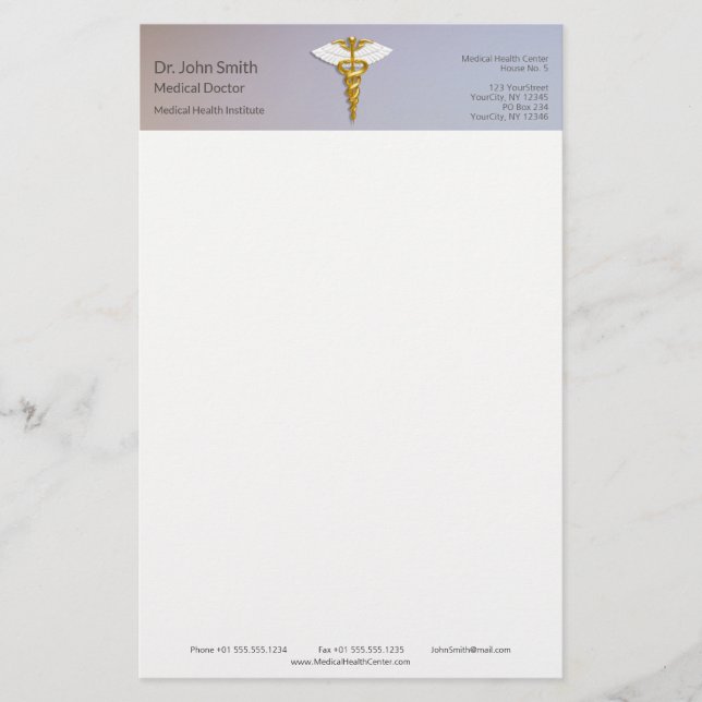 Medical Elegant Gold Caduceus White Wings Stationery (Front)