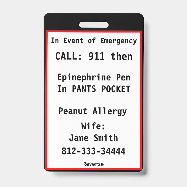 Medical Emergency Badge Tag Custom Information (Front)