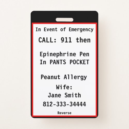 Medical Emergency Badge Tag Custom Information