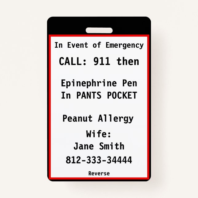 Medical Emergency Badge Tag Custom Information (Front)