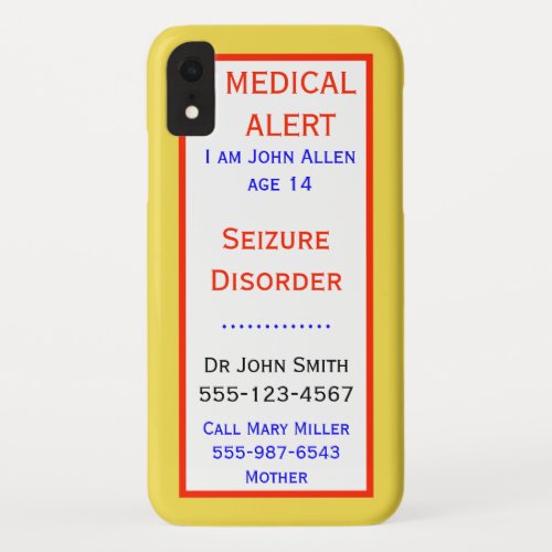 Medical Emergency Seizure Alert Info Custom iPhone XR Case
