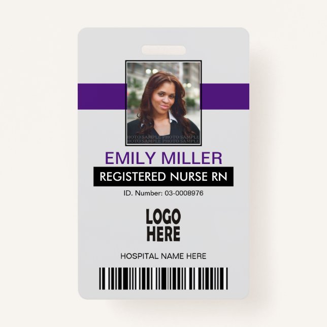 Medical employee id logo purple photo template badge (Front)