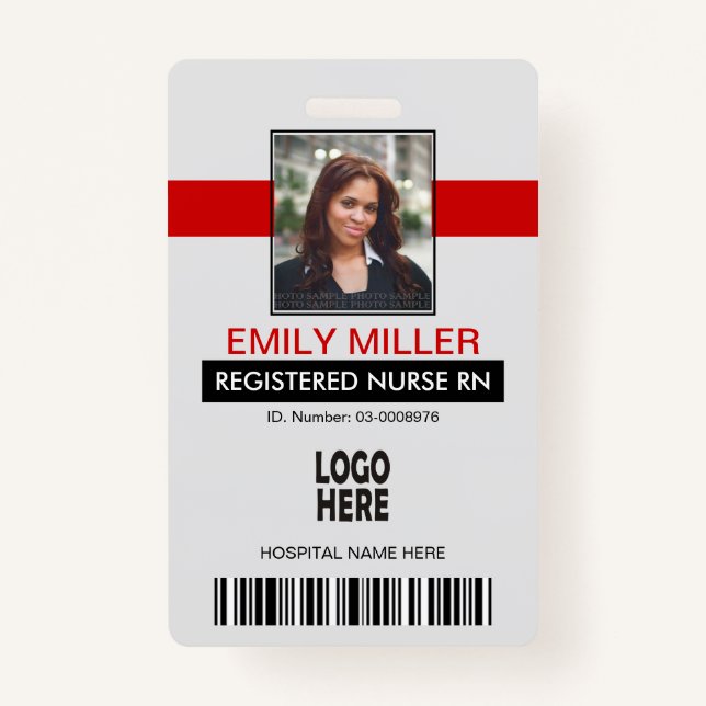 Medical employee id, logo red photo template badge (Front)