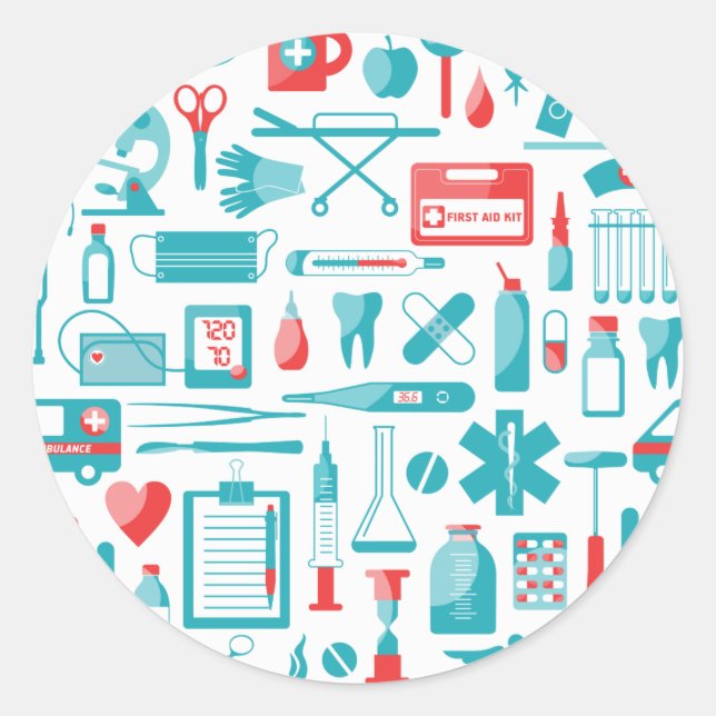 Medical Equipment in Teal and Red Classic Round Sticker (Front)