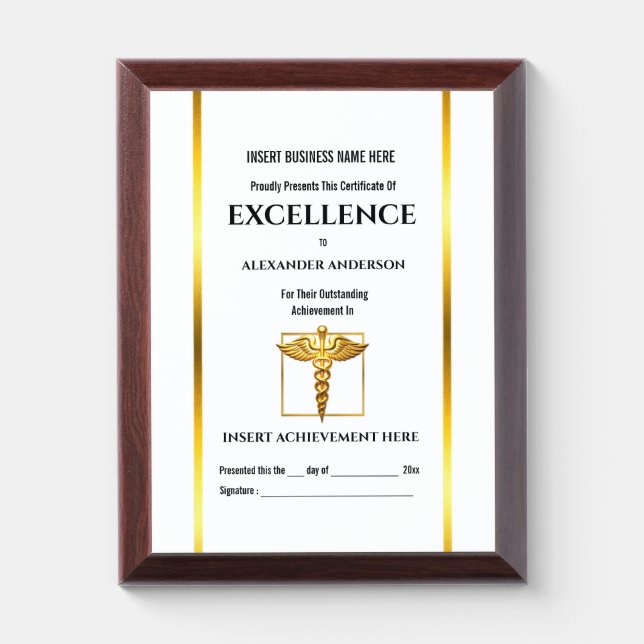 Medical faux gold caduceus healthcare employee award plaque (Vertical)