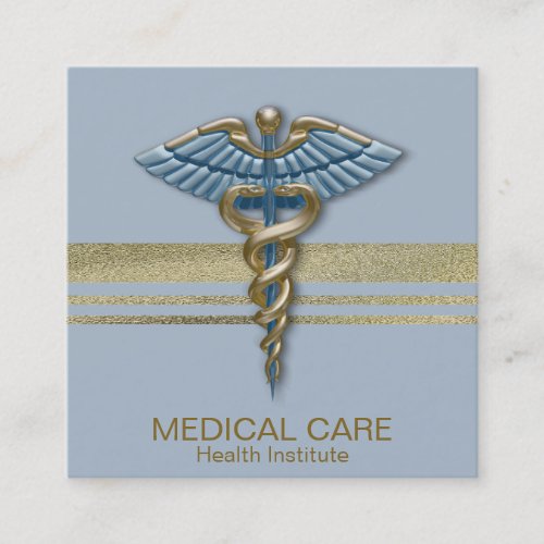 Medical Faux Gold Foil Stripes Caduceus Light Blue Square Business Card