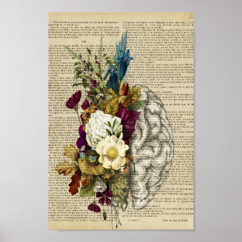 medical floral brain anatomy poster
