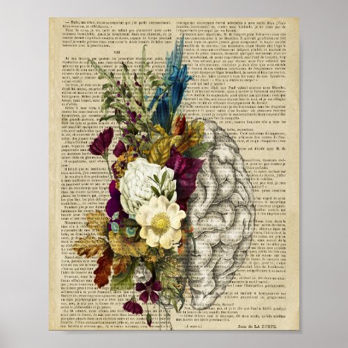 medical floral brain anatomy poster