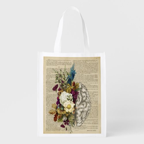 medical floral brain anatomy poster grocery bag