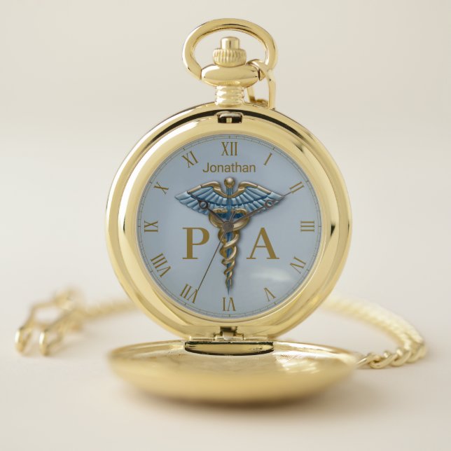 Medical Gold Blue Caduceus Physician Assistant PA Pocket Watch (Inside)