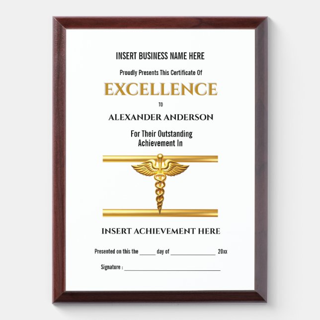 Medical gold caduceus achievement reward staff award plaque (Vertical)