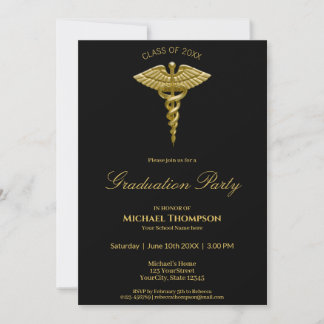 Medical Gold Caduceus Black Graduation Invitation