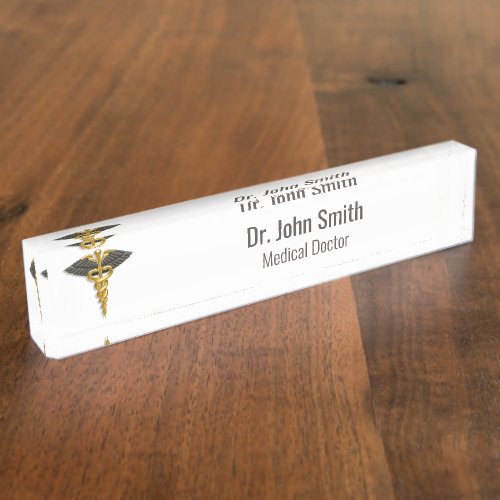 Medical Gold Caduceus Black Wings Classy Elegant Desk Name Plate