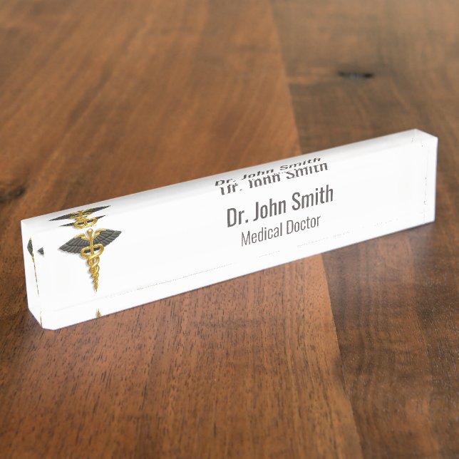 Medical Gold Caduceus Black Wings Classy Elegant Desk Name Plate (Side)