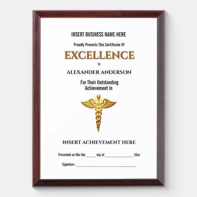 Medical gold caduceus employee recognition award plaque (Vertical)