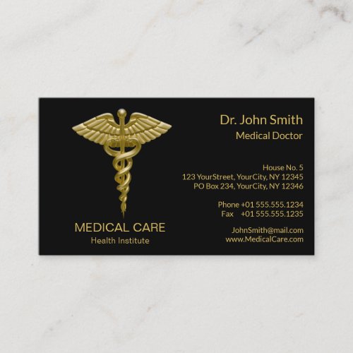Medical Gold Caduceus on Black _ Business Card