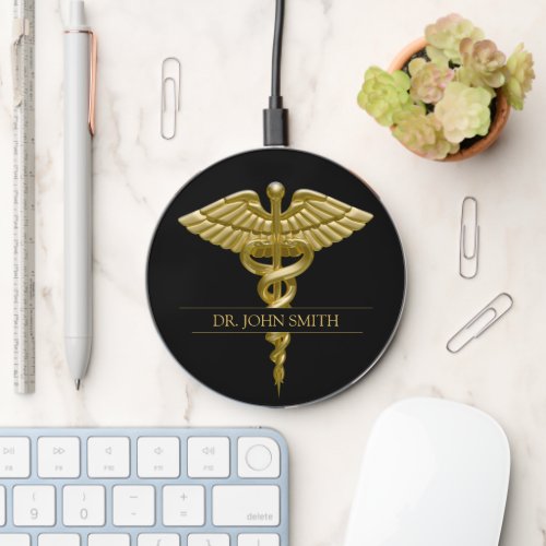 Medical Gold Caduceus on Black Classy Wireless Charger