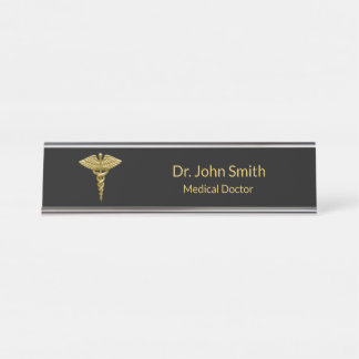 Medical Gold Caduceus on Black - Desk Name Plate