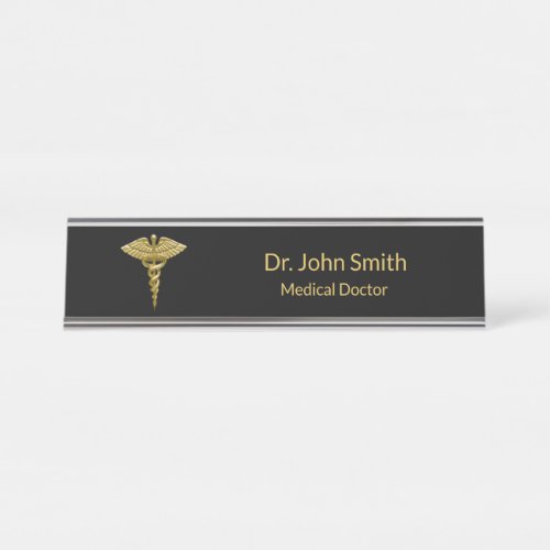 Medical Gold Caduceus on Black _ Desk Name Plate