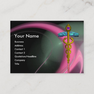 MEDICAL GOLD CADUCEUS,PINK GREEN FRACTAL SWIRLS BUSINESS CARD