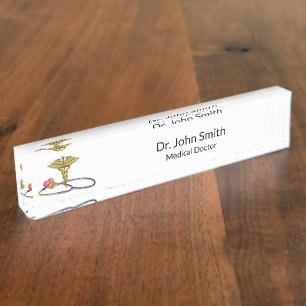 Medical Gold Caduceus & Stethoscope with Heart Desk Name Plate