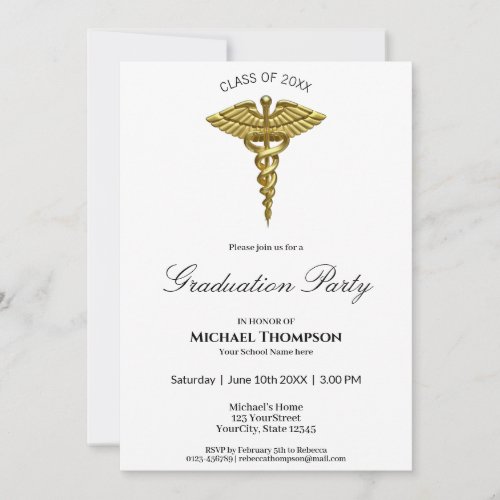 Medical Gold Caduceus White Graduation Invitation