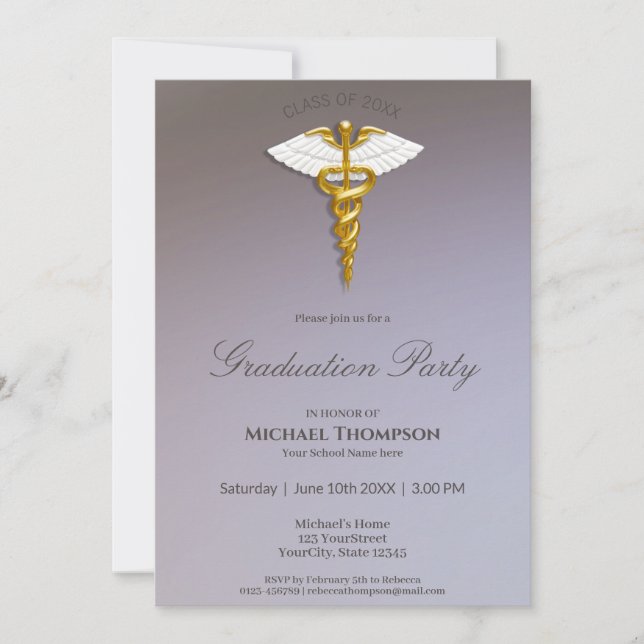 Medical Gold Caduceus White Wings Graduation Invitation (Front)