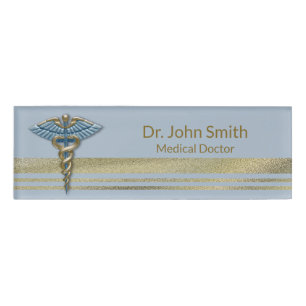 Medical Gold Faux Foil Stripes Light Blue Caduceus Name Tag