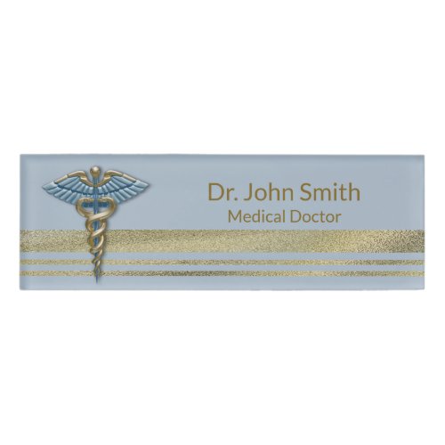 Medical Gold Faux Foil Stripes Light Blue Caduceus Name Tag