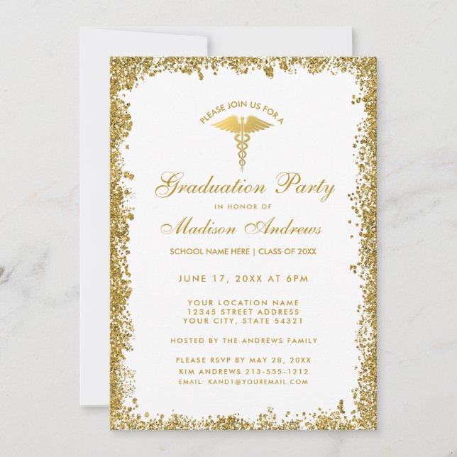 Medical Gold Glitter Graduation Party Invite (Front)