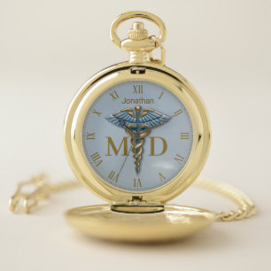 Medical Gold Light Blue Caduceus Medical Doctor MD Pocket Watch