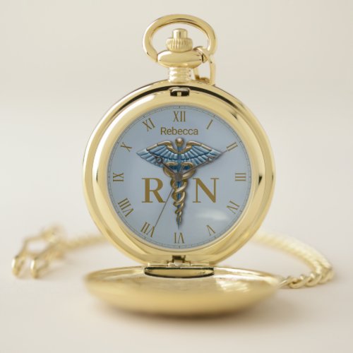 Medical Gold Light Blue Caduceus Registered Nurse Pocket Watch