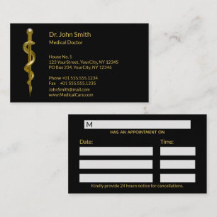 Medical Gold on Black Classy Rod of Asclepius Appointment Card