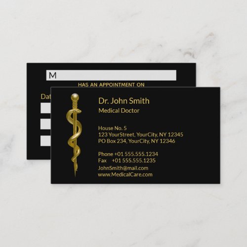 Medical Gold on Black Classy Rod of Asclepius Appointment Card