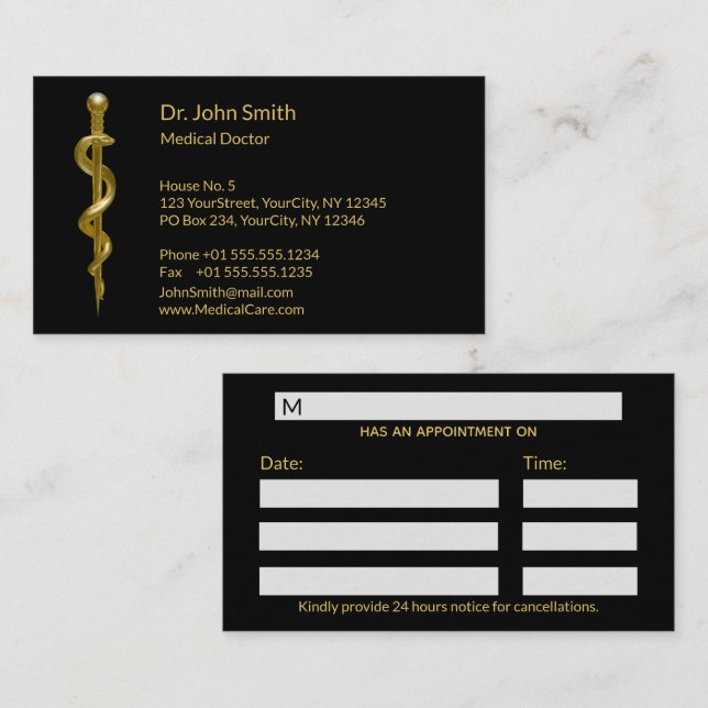 Medical Gold on Black Classy Rod of Asclepius Appointment Card (Front/Back)