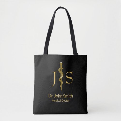 Medical Gold on Black Classy Rod of Asclepius Tote Bag