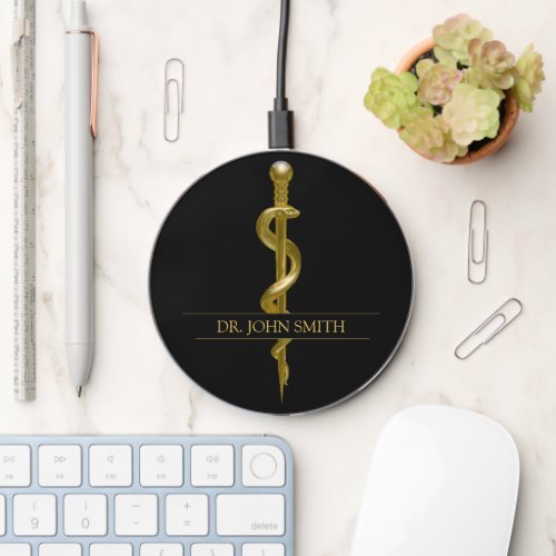 Medical Gold on Black Classy Rod of Asclepius Wireless Charger